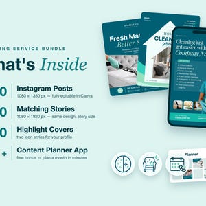 May include: A cleaning service digital marketing bundle featuring 50 Instagram posts, 50 matching stories, 20 highlight covers, and a content planner app. The graphic displays text including What's Inside, Cleaning Service Bundle, and various service details.