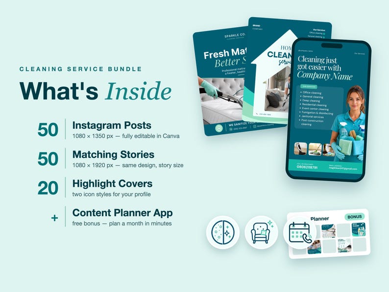 May include: A cleaning service digital marketing bundle featuring 50 Instagram posts, 50 matching stories, 20 highlight covers, and a content planner app. The graphic displays text including What's Inside, Cleaning Service Bundle, and various service details.