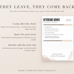 Pu&ograve; includere: Un foglio informativo stampabile in formato A4 con consigli post-trattamento per i clienti, che include una lista di controllo per il recupero, una sezione per le note del terapeuta e uno spazio per il logo. Design minimalista con accenti beige e foglie.