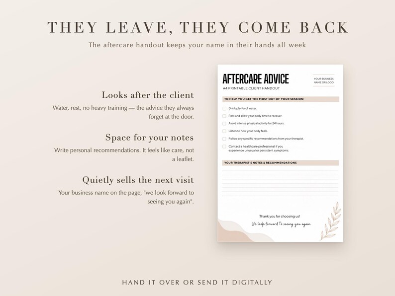 Pu&ograve; includere: Un foglio informativo stampabile in formato A4 con consigli post-trattamento per i clienti, che include una lista di controllo per il recupero, una sezione per le note del terapeuta e uno spazio per il logo. Design minimalista con accenti beige e foglie.