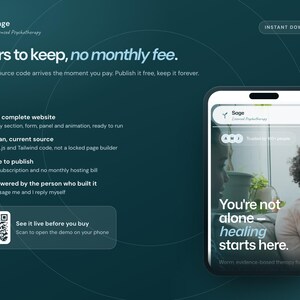 Pu&ograve; includere: Una visualizzazione di prodotto digitale verde acqua scuro con uno smartphone che mostra un'interfaccia web con il testo 'You're not alone - healing starts here.' La grafica include un codice QR, un elenco di funzionalit&agrave; e il titolo 'Sage Licensed Psychotherapy'.