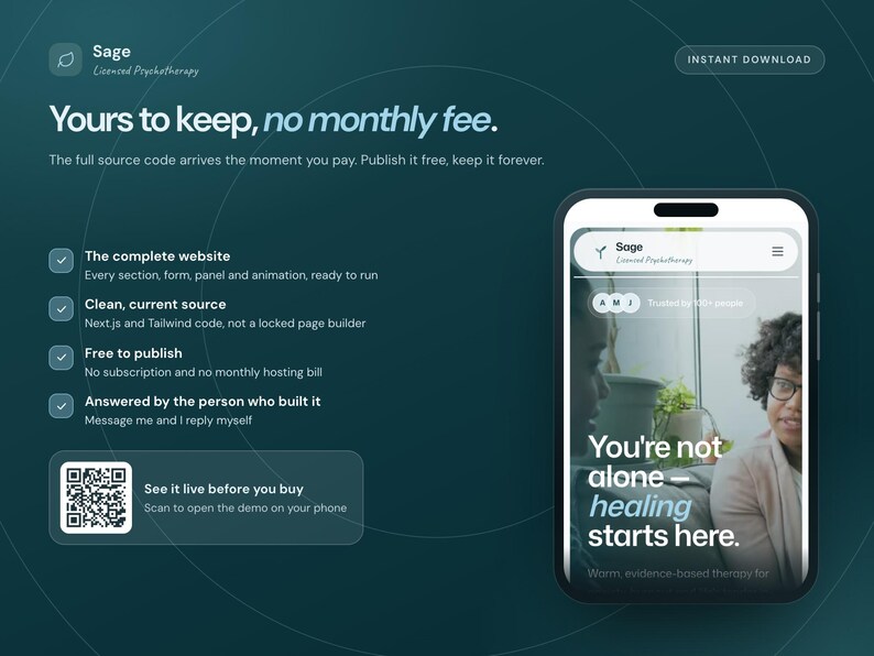 Pu&ograve; includere: Una visualizzazione di prodotto digitale verde acqua scuro con uno smartphone che mostra un'interfaccia web con il testo 'You're not alone - healing starts here.' La grafica include un codice QR, un elenco di funzionalit&agrave; e il titolo 'Sage Licensed Psychotherapy'.