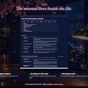 May include: A digital workbook interface displayed on a dark background, featuring the text 'The manual lives inside the file.' and 'HOW THIS WORKBOOK WORKS'. The document outlines instructions for setup, goal tracking, and automated data entry for a reading log.