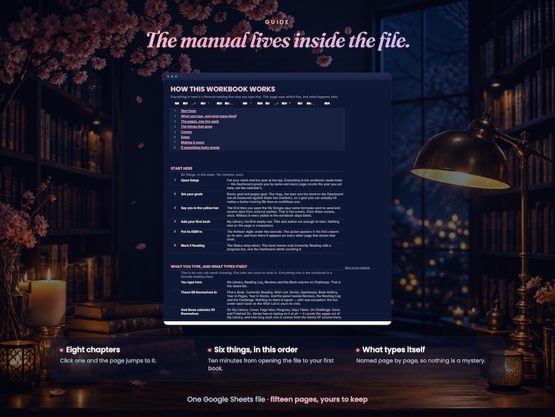 May include: A digital workbook interface displayed on a dark background, featuring the text 'The manual lives inside the file.' and 'HOW THIS WORKBOOK WORKS'. The document outlines instructions for setup, goal tracking, and automated data entry for a reading log.