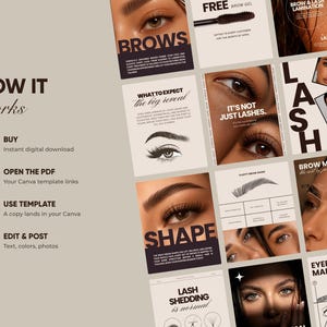 Puede incluir: Un conjunto de plantillas de marketing digital para servicios de cejas y pesta&ntilde;as con esquemas de color beige y marr&oacute;n oscuro. Los gr&aacute;ficos muestran fotograf&iacute;as en primer plano de ojos, cejas y pesta&ntilde;as, junto a texto, diagramas e iconos.