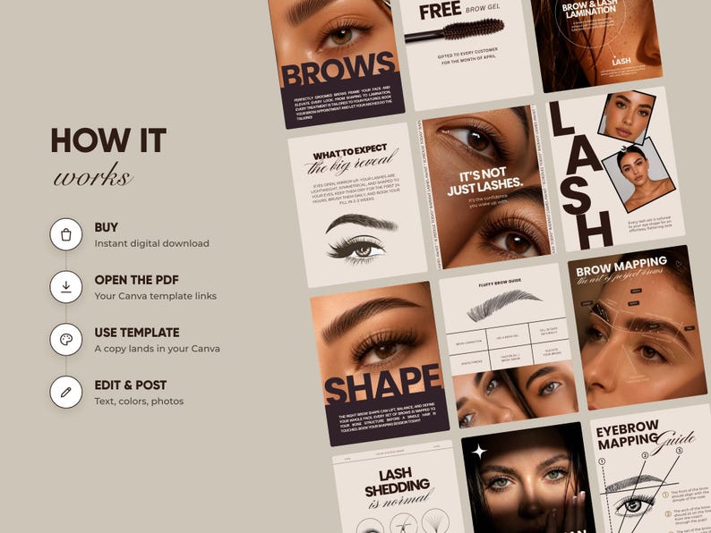 Puede incluir: Un conjunto de plantillas de marketing digital para servicios de cejas y pesta&ntilde;as con esquemas de color beige y marr&oacute;n oscuro. Los gr&aacute;ficos muestran fotograf&iacute;as en primer plano de ojos, cejas y pesta&ntilde;as, junto a texto, diagramas e iconos.