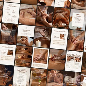 A collage of images promoting massage therapy services. The images feature hands-on massage techniques, spa treatments, and informational graphics. Text includes "Facial Massage," "Our Packages," and "Beauty and Spa Sale."