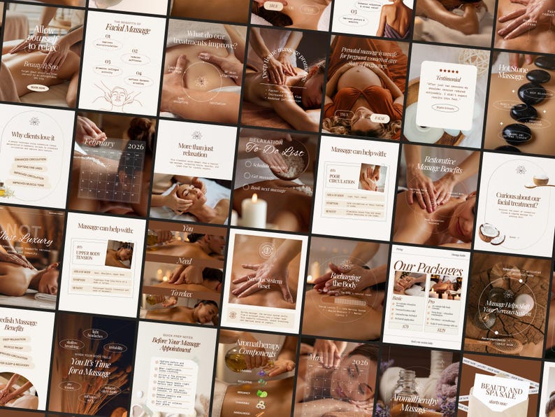 A collage of images promoting massage therapy services. The images feature hands-on massage techniques, spa treatments, and informational graphics. Text includes "Facial Massage," "Our Packages," and "Beauty and Spa Sale."