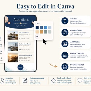 May include: A digital template for a mobile guide featuring a smartphone interface with an Attractions page, a color selection menu, and a list of editing features including Edit Text, Change Colors, Add Photos, Update Your Info, and Download as PDF.
