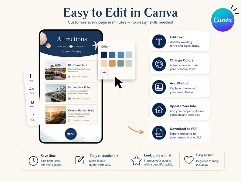May include: A digital template for a mobile guide featuring a smartphone interface with an Attractions page, a color selection menu, and a list of editing features including Edit Text, Change Colors, Add Photos, Update Your Info, and Download as PDF.
