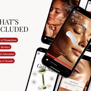 May include: Multiple smartphones displaying beauty and skincare content. One screen shows a woman's face with cream applied, text reads "ARE YOU READY TO SHINE?". Other screens show text like "Filler" and "Gua Sha".