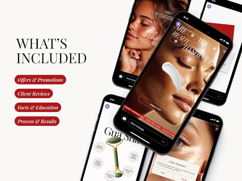 May include: Multiple smartphones displaying beauty and skincare content. One screen shows a woman's face with cream applied, text reads "ARE YOU READY TO SHINE?". Other screens show text like "Filler" and "Gua Sha".