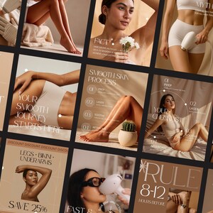May include: A collage of images promoting skincare treatments. The images feature models, text, and graphics. The text includes phrases like "Smooth Skin Process," "Save 25%," and "Your Smooth Journey Starts Here." The overall color scheme is neutral with beige and brown tones.