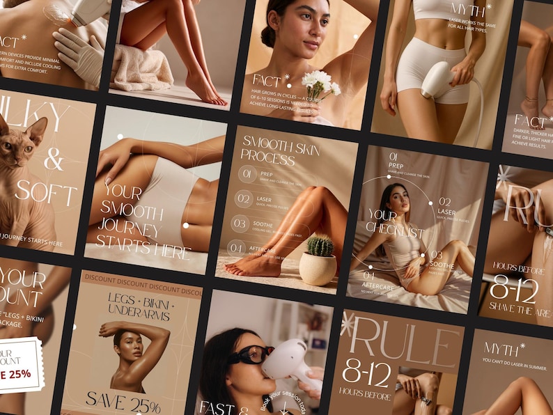 May include: A collage of images promoting skincare treatments. The images feature models, text, and graphics. The text includes phrases like "Smooth Skin Process," "Save 25%," and "Your Smooth Journey Starts Here." The overall color scheme is neutral with beige and brown tones.