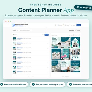 May include: A digital content planner application interface displayed on a screen. The layout features a list of scheduled posts on the left and a visual grid preview of an Instagram feed on the right, showcasing various teal and white graphics.