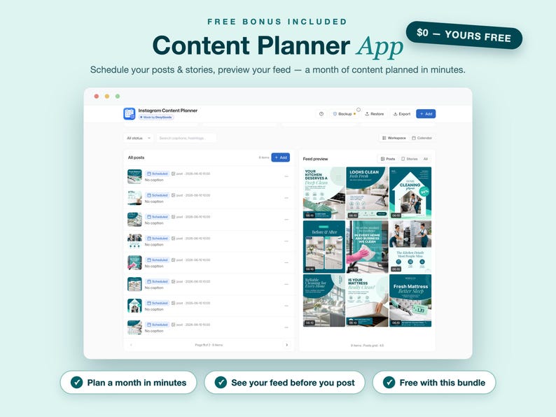 May include: A digital content planner application interface displayed on a screen. The layout features a list of scheduled posts on the left and a visual grid preview of an Instagram feed on the right, showcasing various teal and white graphics.