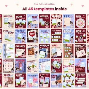 May include: A collection of 45 digital templates for book tracking and reading logs, featuring a consistent maroon and light blue color palette. Each template includes illustrated cartoon characters, blank photo frames, and text headers.