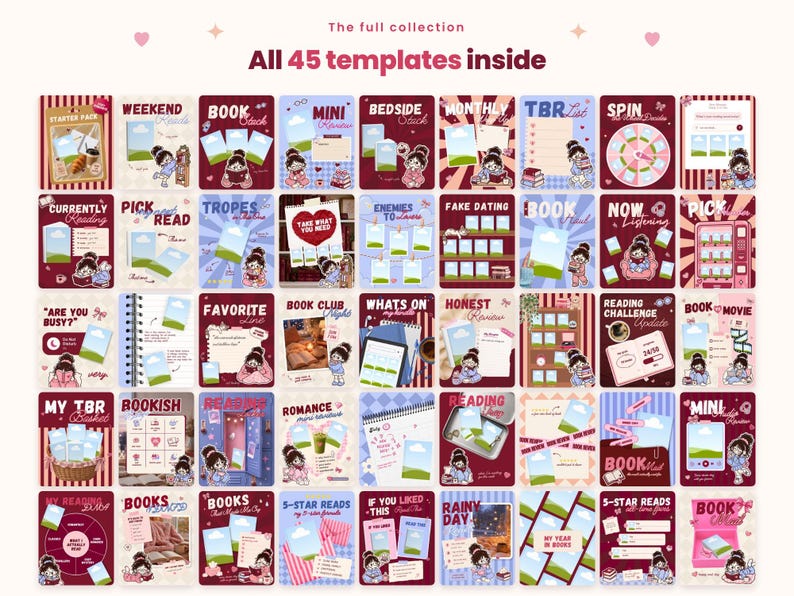 May include: A collection of 45 digital templates for book tracking and reading logs, featuring a consistent maroon and light blue color palette. Each template includes illustrated cartoon characters, blank photo frames, and text headers.