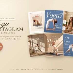 Preview image of editable yoga Instagram Canva templates in beige, cream, brown, and soft blue colors. The design shows multiple ready-to-use social media posts with yoga lifestyle photos, wellness quotes, studio content, class promotion layouts, and elegant templates for yoga teachers, instructors, and yoga studios.
