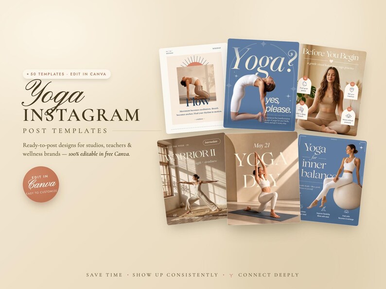 Preview image of editable yoga Instagram Canva templates in beige, cream, brown, and soft blue colors. The design shows multiple ready-to-use social media posts with yoga lifestyle photos, wellness quotes, studio content, class promotion layouts, and elegant templates for yoga teachers, instructors, and yoga studios.