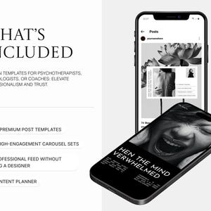 May include: A promotional image featuring two smartphones displaying social media templates. One phone shows a lotus flower image, while the other displays a person's face with the text "HEN THE MIND VERWHELMED". The text "WHAT'S INCLUDED" is also visible.