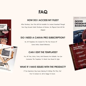 FAQ page for a burgundy and cream business coach Canva template bundle, explaining instant file access, free Canva account use, editable text, colors, fonts, and customer support, with preview graphics of Instagram post designs and branding templates.