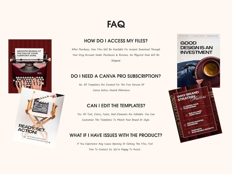 FAQ page for a burgundy and cream business coach Canva template bundle, explaining instant file access, free Canva account use, editable text, colors, fonts, and customer support, with preview graphics of Instagram post designs and branding templates.