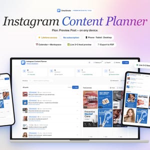 May include: A digital marketing tool, the Instagram Content Planner, is displayed on a laptop, tablet, and smartphone. The interface shows a calendar, workspace, and feed preview. The text on the screen includes "Plan. Preview. Post - on any device."