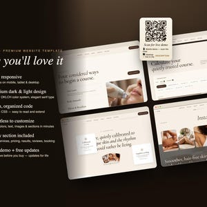 May include: A website template design with a dark and light color scheme. The design showcases multiple website mockups with text and images. The text includes "Why you'll love it" and "Instagram Facebook". A QR code is also visible.