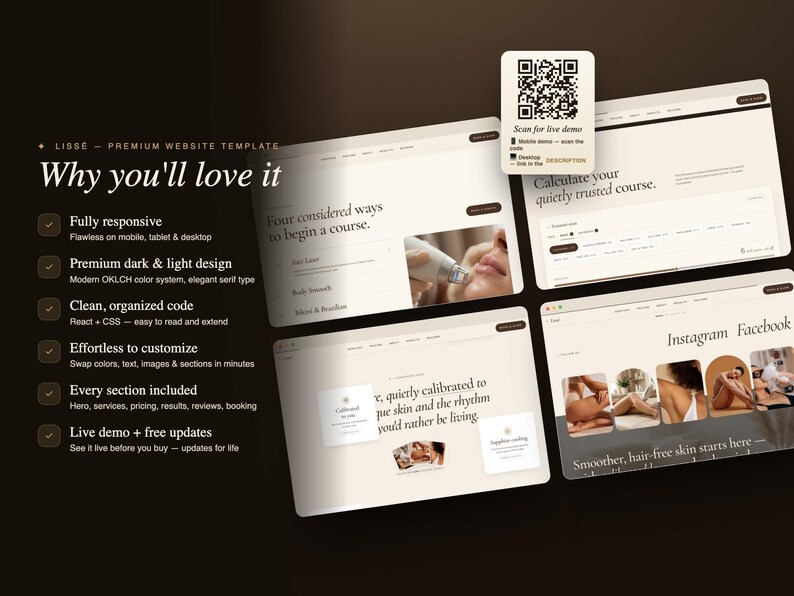 May include: A website template design with a dark and light color scheme. The design showcases multiple website mockups with text and images. The text includes "Why you'll love it" and "Instagram Facebook". A QR code is also visible.