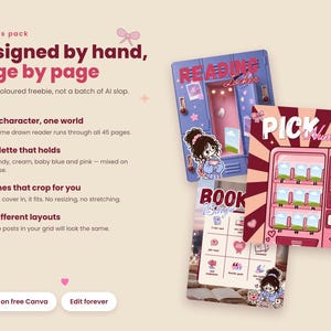 May include: A digital design pack featuring three graphic templates with text reading Reading Locker, Pick Number, and Book Bingo. The designs include illustrations of a purple locker, a pink vending machine, and a bingo grid, all featuring a cartoon character.