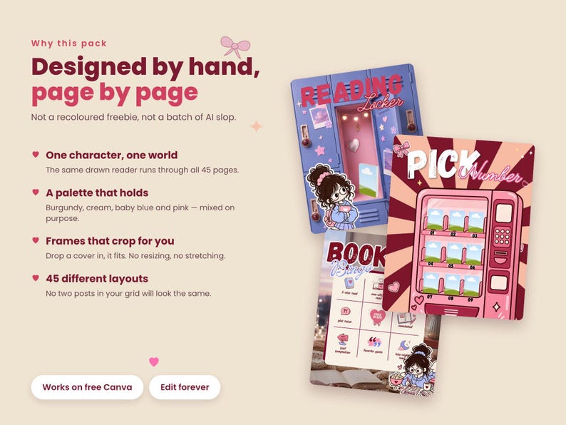 May include: A digital design pack featuring three graphic templates with text reading Reading Locker, Pick Number, and Book Bingo. The designs include illustrations of a purple locker, a pink vending machine, and a bingo grid, all featuring a cartoon character.