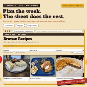 Puede incluir: Una plantilla digital de planificador de comidas para Google Sheets titulada Harvest Kitchen. La interfaz muestra un buscador de recetas con categorías de cocina mexicana, incluyendo imágenes de un wrap, enchiladas y una quesadilla.