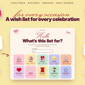 Puede incluir: Una interfaz digital titulada Hello What's this list for? que presenta una cuadr&iacute;cula de diez iconos cuadrados de colores con etiquetas como Just for me, Birthday, Christmas, New Year, Black Friday, Valentine's Day, Wedding, Baby shower, Housewarming y Something else.