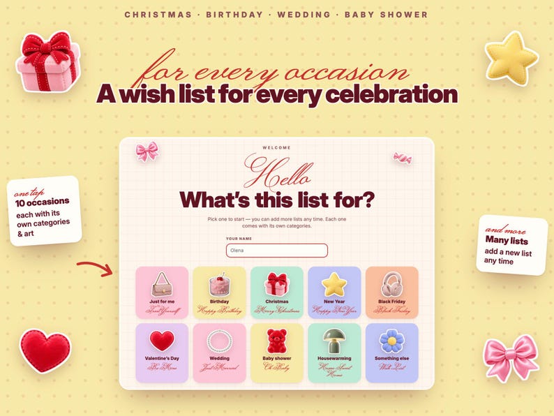 Puede incluir: Una interfaz digital titulada Hello What's this list for? que presenta una cuadr&iacute;cula de diez iconos cuadrados de colores con etiquetas como Just for me, Birthday, Christmas, New Year, Black Friday, Valentine's Day, Wedding, Baby shower, Housewarming y Something else.
