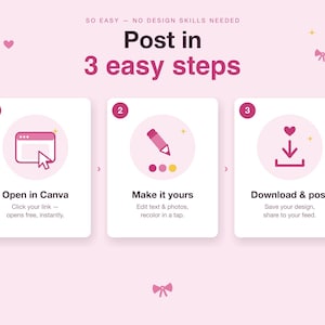 May include: A light pink infographic titled Post in 3 easy steps, featuring three white rectangular cards with numbered circles. The icons show a browser window, a pencil, and a download arrow, with text instructions for editing and posting designs.