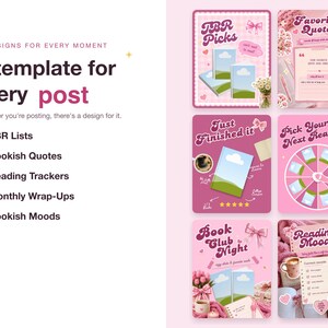 May include: A digital template set featuring 50 designs for social media posts. The text reads 50 DESIGNS FOR EVERY MOMENT, A template for every post, TBR Lists, Bookish Quotes, Reading Trackers, Monthly Wrap-Ups, and Bookish Moods in pink and black.