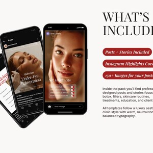 May include: Three smartphones displaying Instagram posts. One shows "Esthetician skincare", another "Hydra Care Under-Eye Rejuvenation", and the third, a close-up of a face with the text "Soft, Healthy Lips". The image also includes text: "WHAT'S INCLUDED".