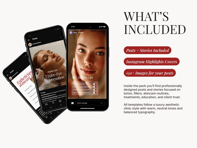 May include: Three smartphones displaying Instagram posts. One shows "Esthetician skincare", another "Hydra Care Under-Eye Rejuvenation", and the third, a close-up of a face with the text "Soft, Healthy Lips". The image also includes text: "WHAT'S INCLUDED".