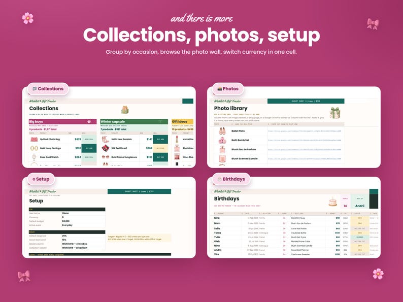 May include: A digital interface display featuring four distinct sections labeled Collections, Photos, Setup, and Birthdays. The layout includes tables with text, icons, and data fields on a dark pink background with white text and small flower icons.