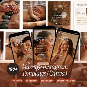 Puede incluir: Imagen promocional que muestra la terapia de masaje. La imagen presenta varias maquetas de tel&eacute;fonos inteligentes que muestran consejos y plantillas de masaje. El texto incluye "Massage Instagram Templates (Canva)" y "180+". Otras im&aacute;genes muestran t&eacute;cnicas y beneficios del masaje.
