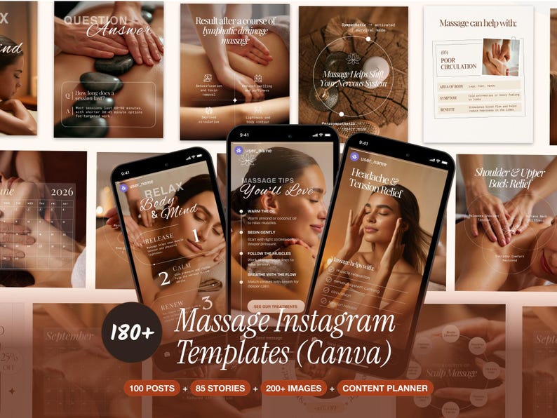 Puede incluir: Imagen promocional que muestra la terapia de masaje. La imagen presenta varias maquetas de tel&eacute;fonos inteligentes que muestran consejos y plantillas de masaje. El texto incluye "Massage Instagram Templates (Canva)" y "180+". Otras im&aacute;genes muestran t&eacute;cnicas y beneficios del masaje.