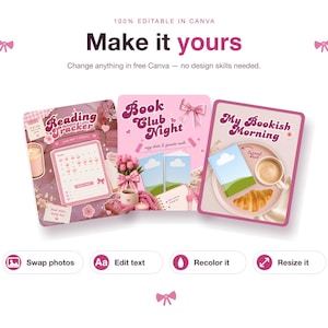May include: Three digital templates featuring pink and purple themes with the text Reading Tracker, Book Club Night, and My Bookish Morning. The designs include illustrations of books, coffee, croissants, candles, and bows, with buttons for editing.
