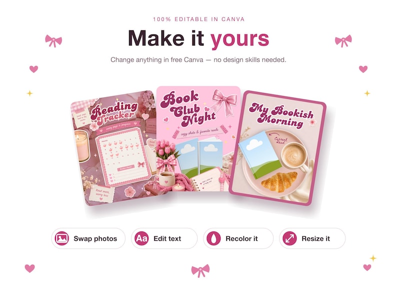 May include: Three digital templates featuring pink and purple themes with the text Reading Tracker, Book Club Night, and My Bookish Morning. The designs include illustrations of books, coffee, croissants, candles, and bows, with buttons for editing.