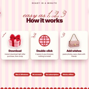 Puede incluir: Una infograf&iacute;a de rayas rosa claro titulada Ready in a Minute, Easy as 1, 2, 3, How it works. Contiene tres cajas blancas con iconos: un regalo rojo, un globo terr&aacute;queo rojo y un bolso acolchado rosa, junto con instrucciones de uso.