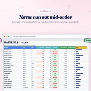 K&ouml;nnte beinhalten: Eine digitale Tabellenkalkulation mit dem Titel MATERIALS stock, die Bestandsdaten mit Spalten f&uuml;r Materialtyp, Einheit, Lagerbest&auml;nde, Nachbestellpunkte, Status, St&uuml;ckkosten, Lagerwert und F&uuml;llstandsbalken sowie Textetiketten f&uuml;r Warnungen anzeigt.