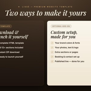 May include: A website template advertisement with the text "Two ways to make it yours." The left panel says "Download & launch it yourself" with a list of features. The right panel says "Custom setup, made for you" with a list of features.