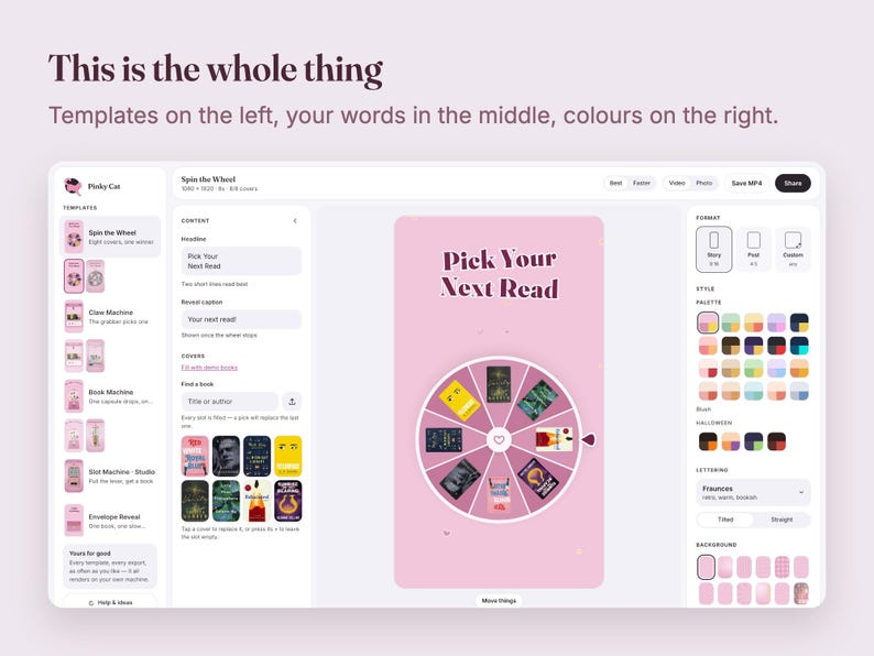 May include: A digital interface for a content creation tool featuring a sidebar with templates, a central editor displaying a pink graphic with a book-themed spin-the-wheel game titled Pick Your Next Read, and a right-hand panel for color and style settings.