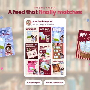 May include: A digital social media content pack featuring a nine-post grid layout titled "your bookstagram" with "45 posts ready to schedule." The design includes illustrated characters, book-themed graphics, and text like "TROPES in This One" and "MY TBR Basket" in a cohesive color palette.
