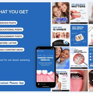 May include: A blue graphic with dental marketing content. The image includes a smartphone displaying a post about wisdom tooth removal, and several informational posts about dental health, including braces, implants, and gum health.